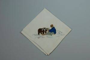 Image: Embroidered handkerchief with MacMillan and baby musk ox